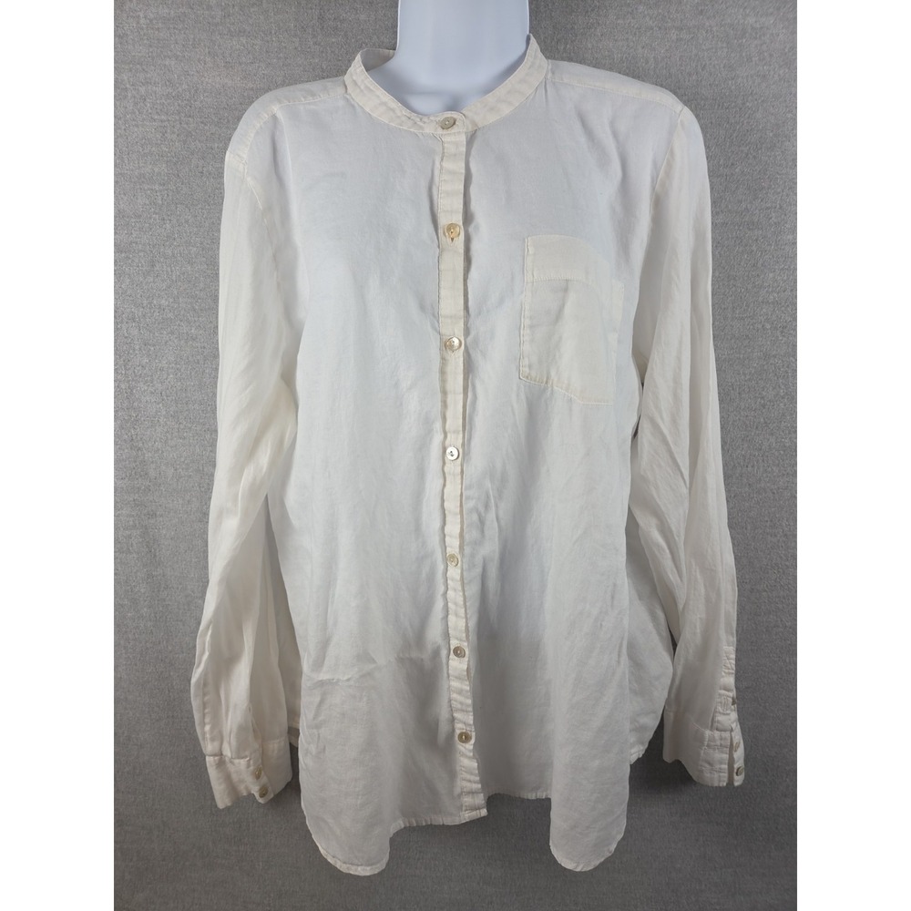 Eileen Fisher White Long Sleeve Button Down Shirt Organic Cotton Band Collar